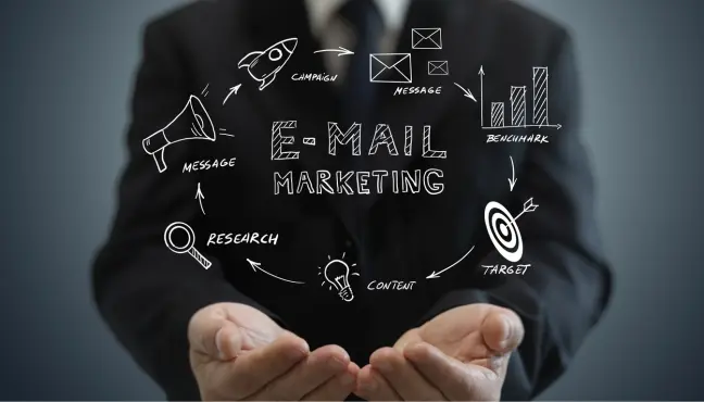 Email marketing icons and flow sketched above open hands.