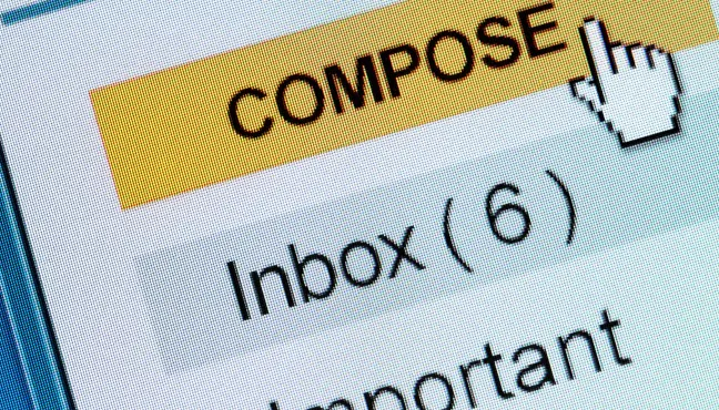 Close-up of email interface with a 'Compose' button and cursor.